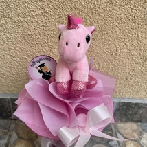 Ballagási közepes csokor, rózsaszín unikornis plüssel - pink