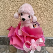 Ballagási közepes csokor, uszkár kutya plüssel - pink